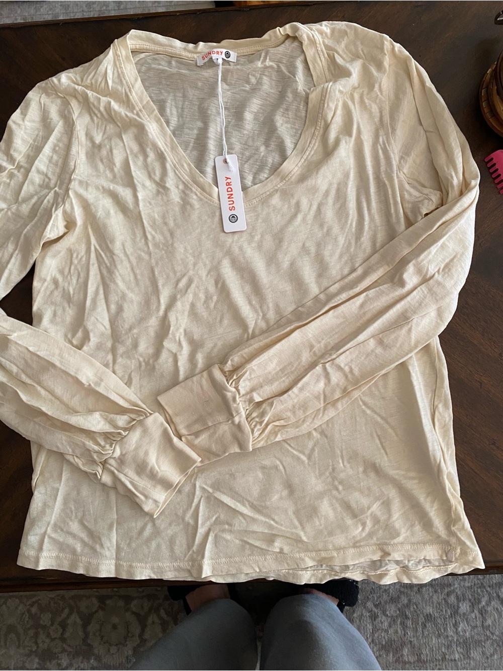 Sundry Cream Lightweight Long-Sleeve deep V-Neck Top